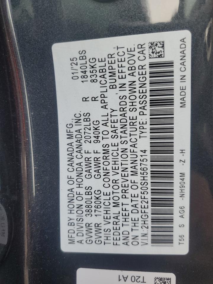 2025 Honda Civic Sport VIN: 2HGFE2F50SH567514 Lot: 82404375