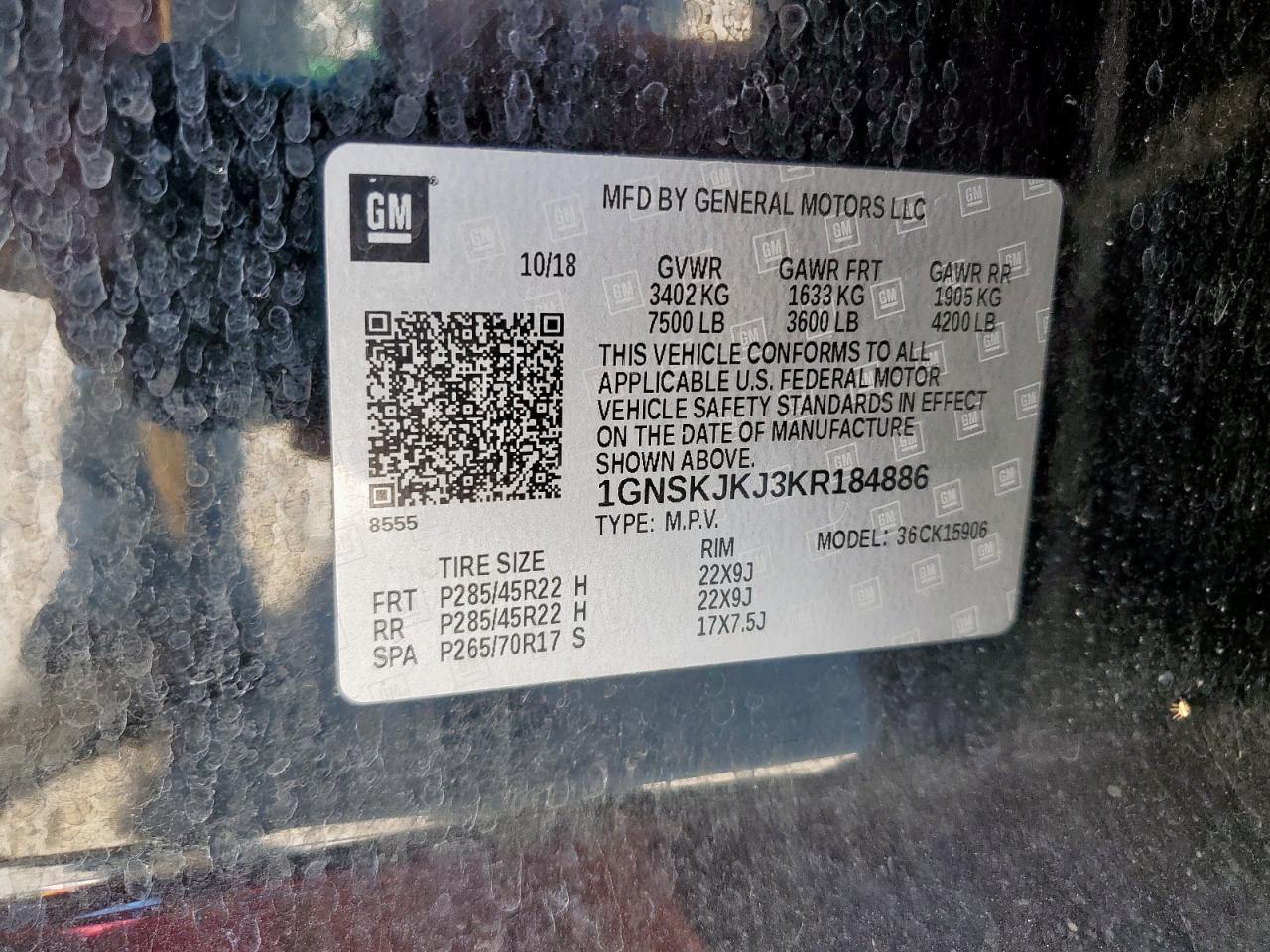 2019 Chevrolet Suburban K1500 Premier VIN: 1GNSKJKJ3KR184886 Lot: 85908355