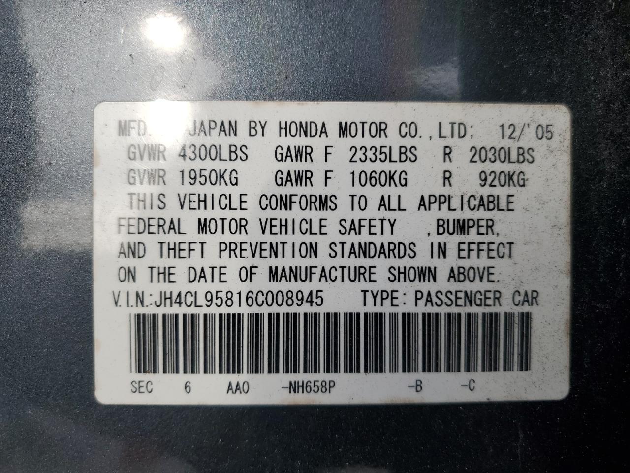 2006 Acura Tsx VIN: JH4CL95816C008945 Lot: 90051785