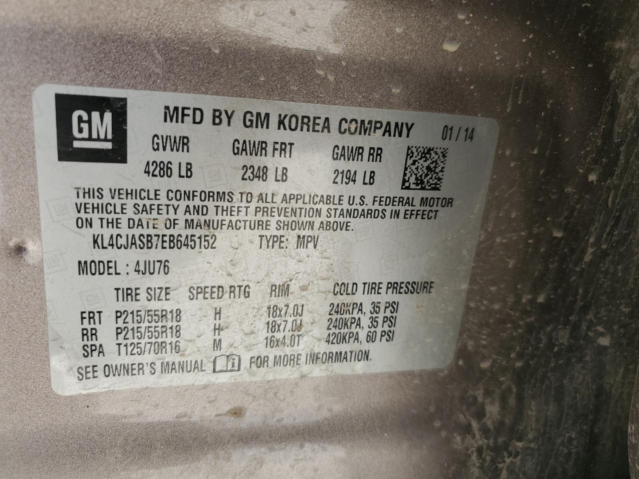 2014 Buick Encore VIN: KL4CJASB7EB645152 Lot: 82636075