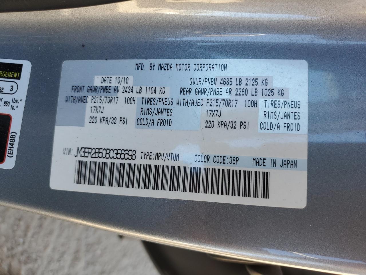 2011 Mazda Cx-7 VIN: JM3ER2B50B0356698 Lot: 85374375