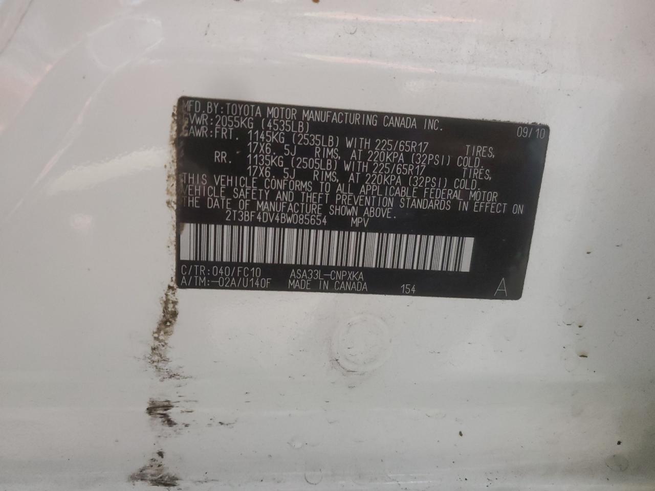 2011 Toyota Rav4 VIN: 2T3BF4DV4BW085654 Lot: 86236895