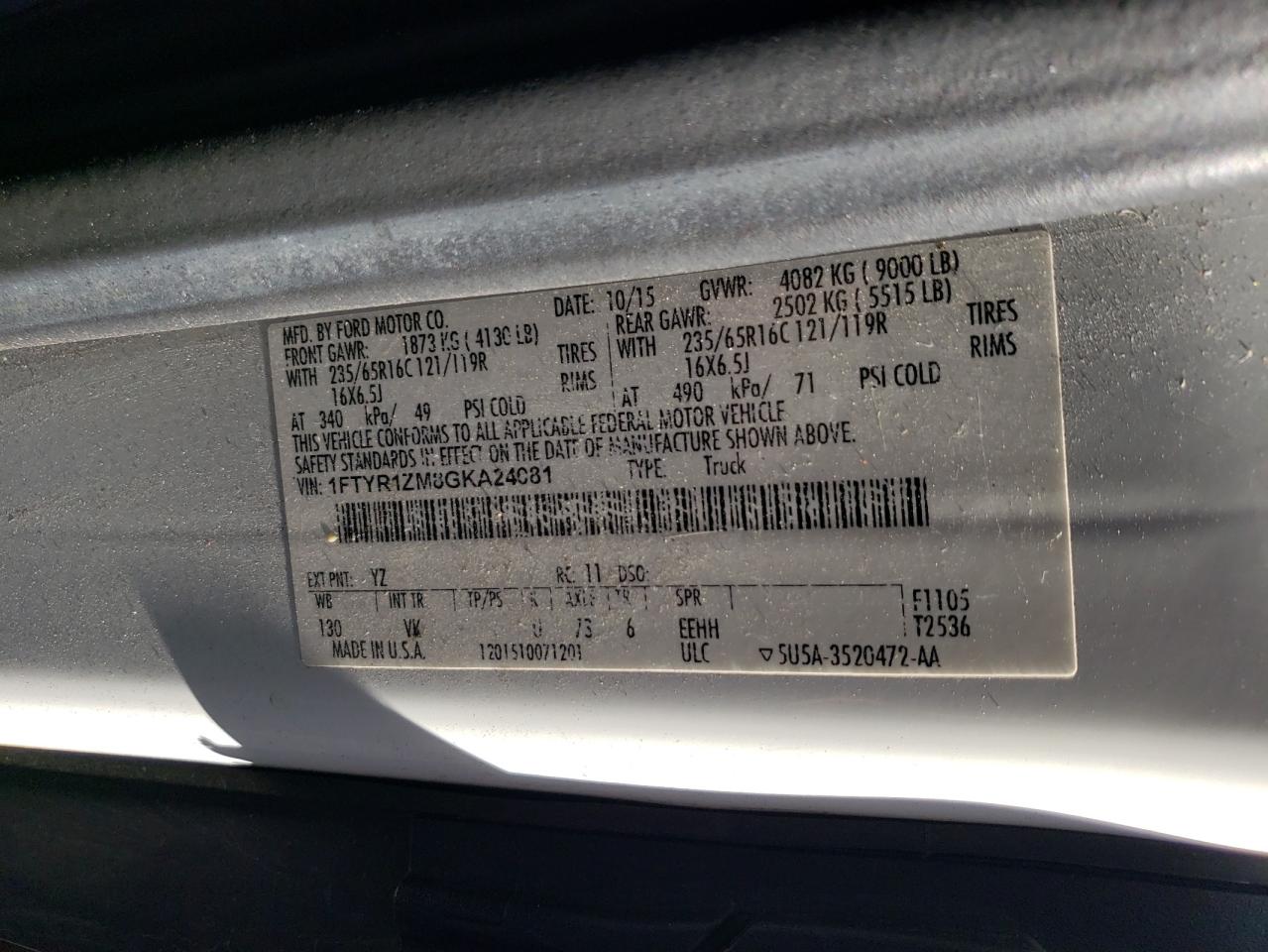 2016 Ford Transit T-250 VIN: 1FTYR1ZM8GKA24081 Lot: 87238395