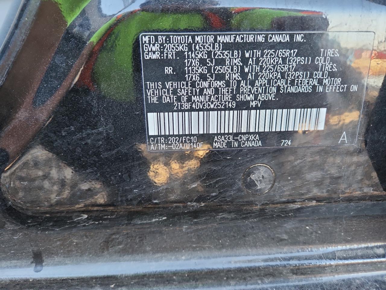 2012 Toyota Rav4 VIN: 2T3BF4DV3CW252149 Lot: 85557415