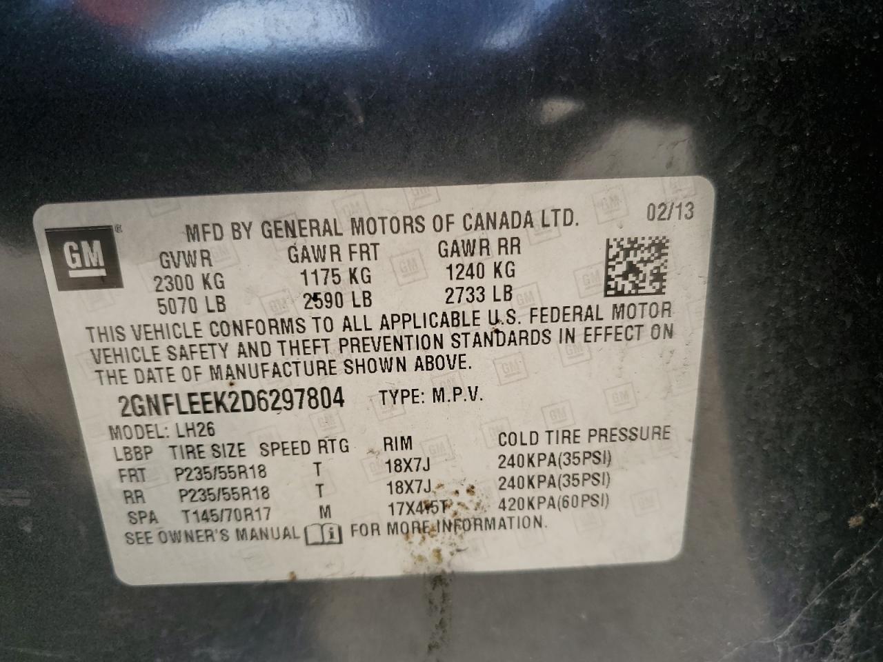 2013 Chevrolet Equinox Lt VIN: 2GNFLEEK2D6297804 Lot: 85166075