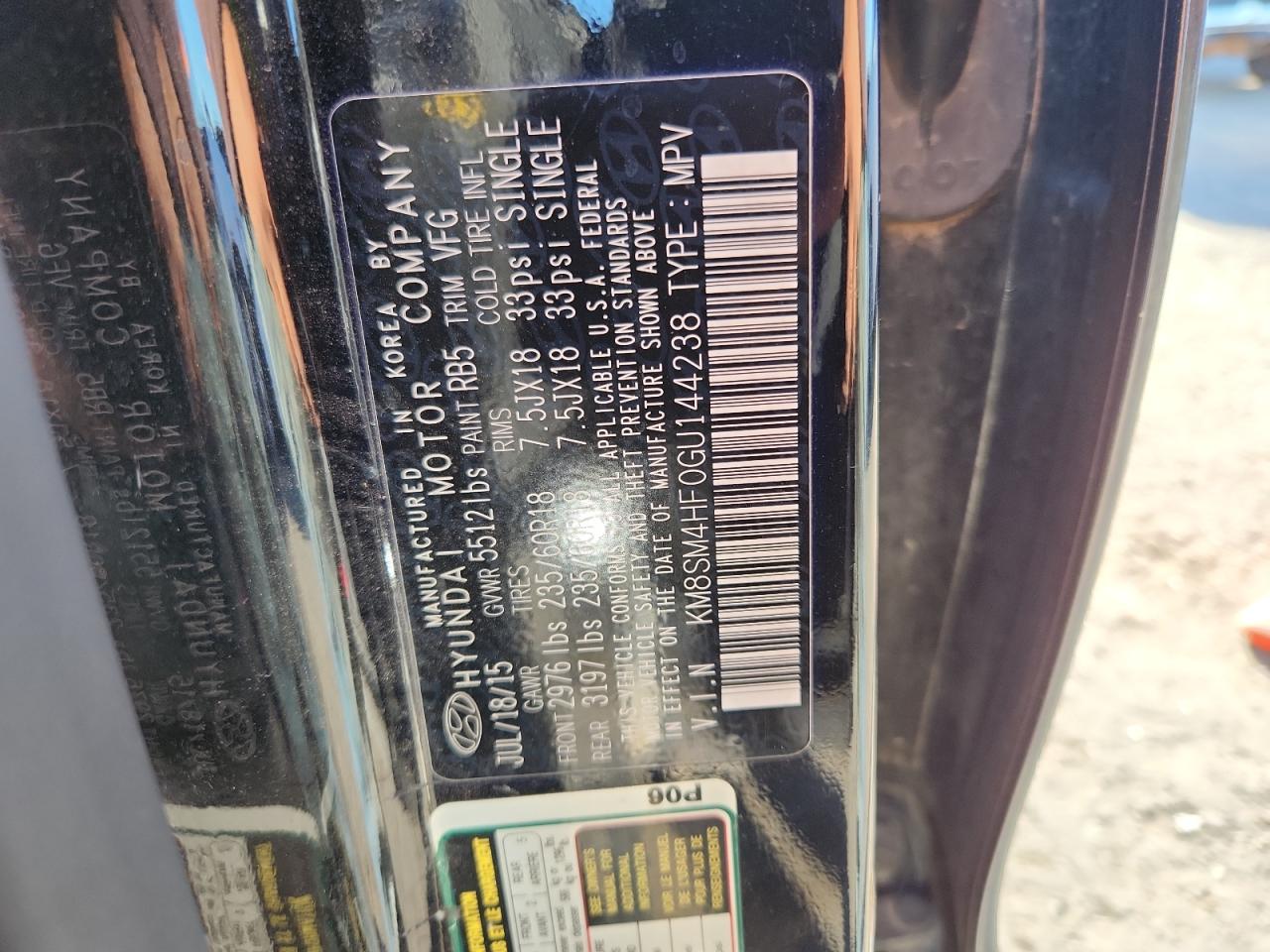 2016 Hyundai Santa Fe Se VIN: KM8SM4HF0GU144238 Lot: 85649615