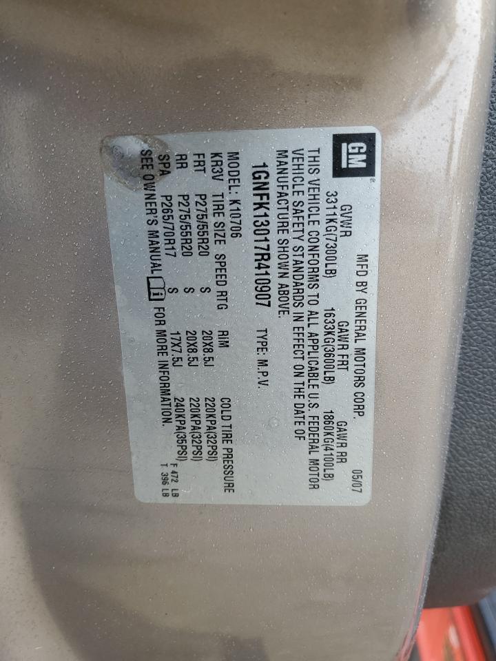 2007 Chevrolet Tahoe K1500 VIN: 1GNFK13017R410907 Lot: 86443995