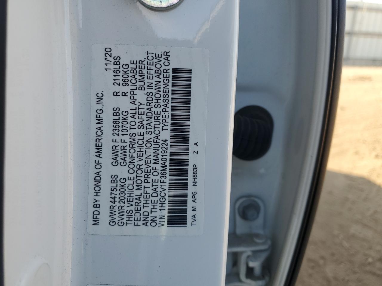 2021 Honda Accord Sport VIN: 1HGCV1F36MA019224 Lot: 85192305