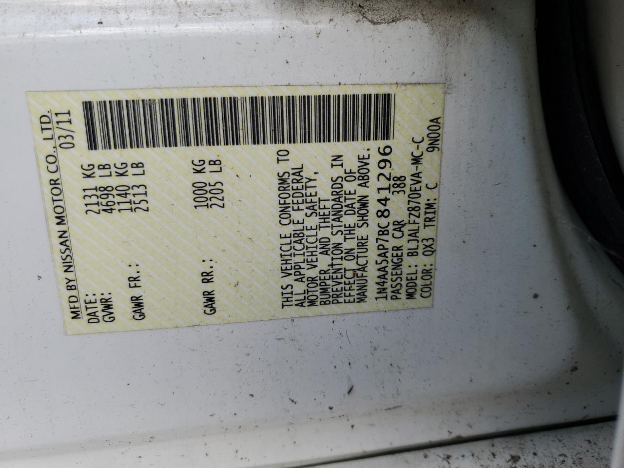 2011 Nissan Maxima S VIN: 1N4AA5AP7BC841296 Lot: 86882105