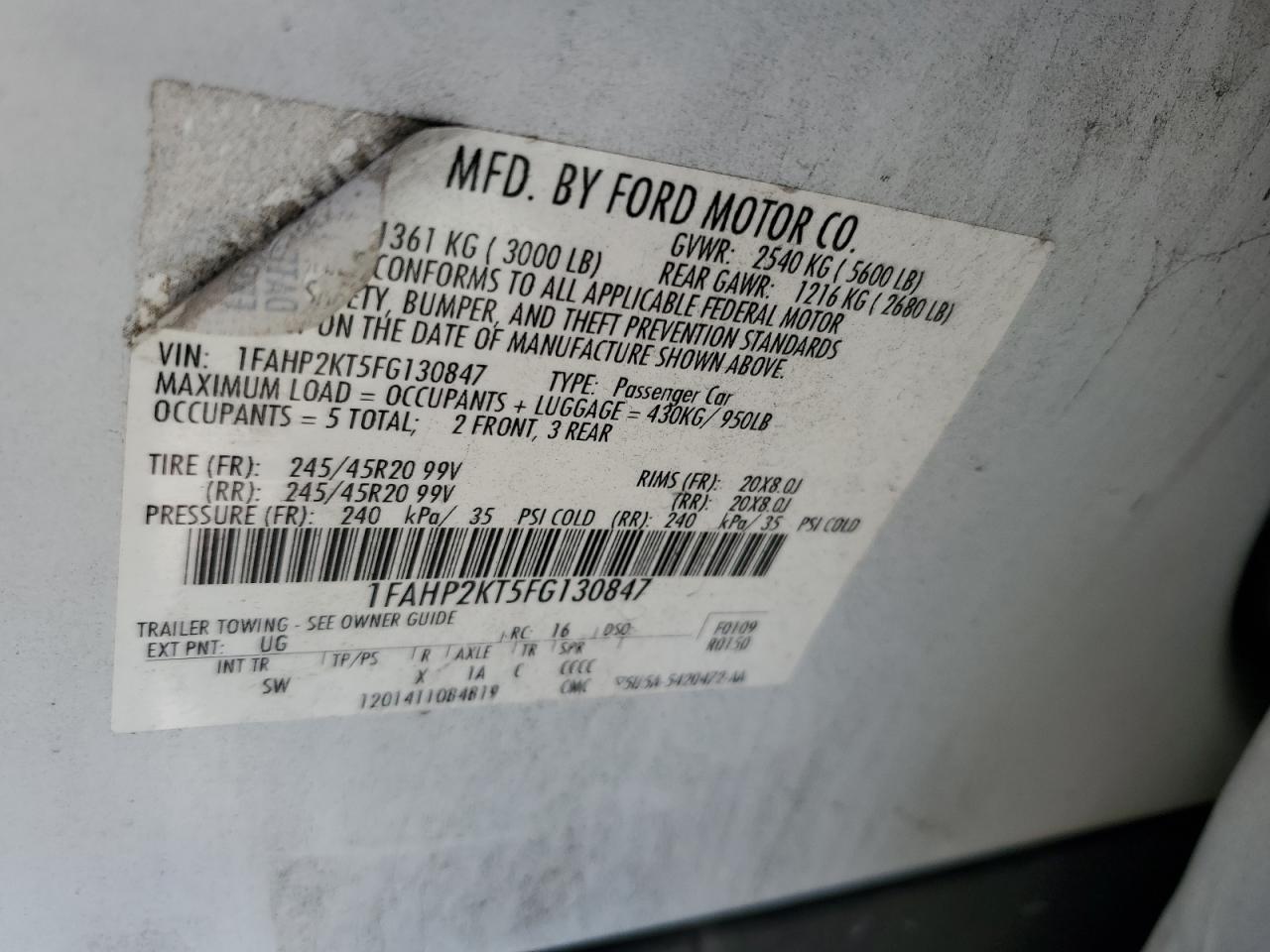 2015 Ford Taurus Sho VIN: 1FAHP2KT5FG130847 Lot: 84460565