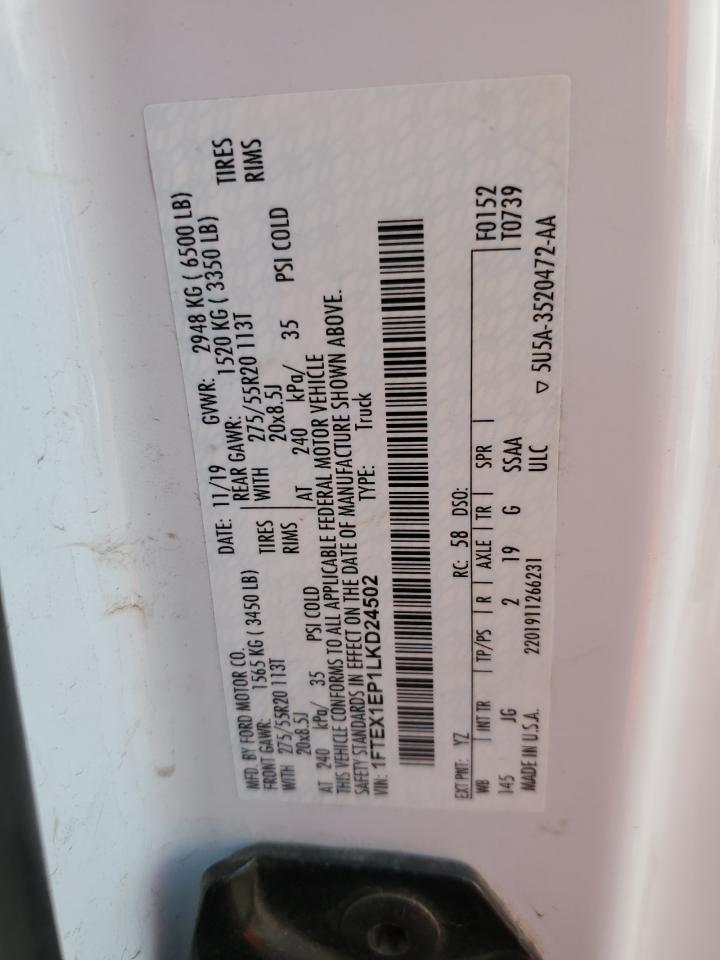 2020 Ford F150 Super Cab VIN: 1FTEX1EP1LKD24502 Lot: 83924455