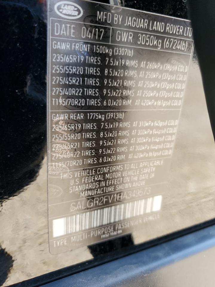 2017 Land Rover Range Rover VIN: SALGR2FV1HA349573 Lot: 89502875