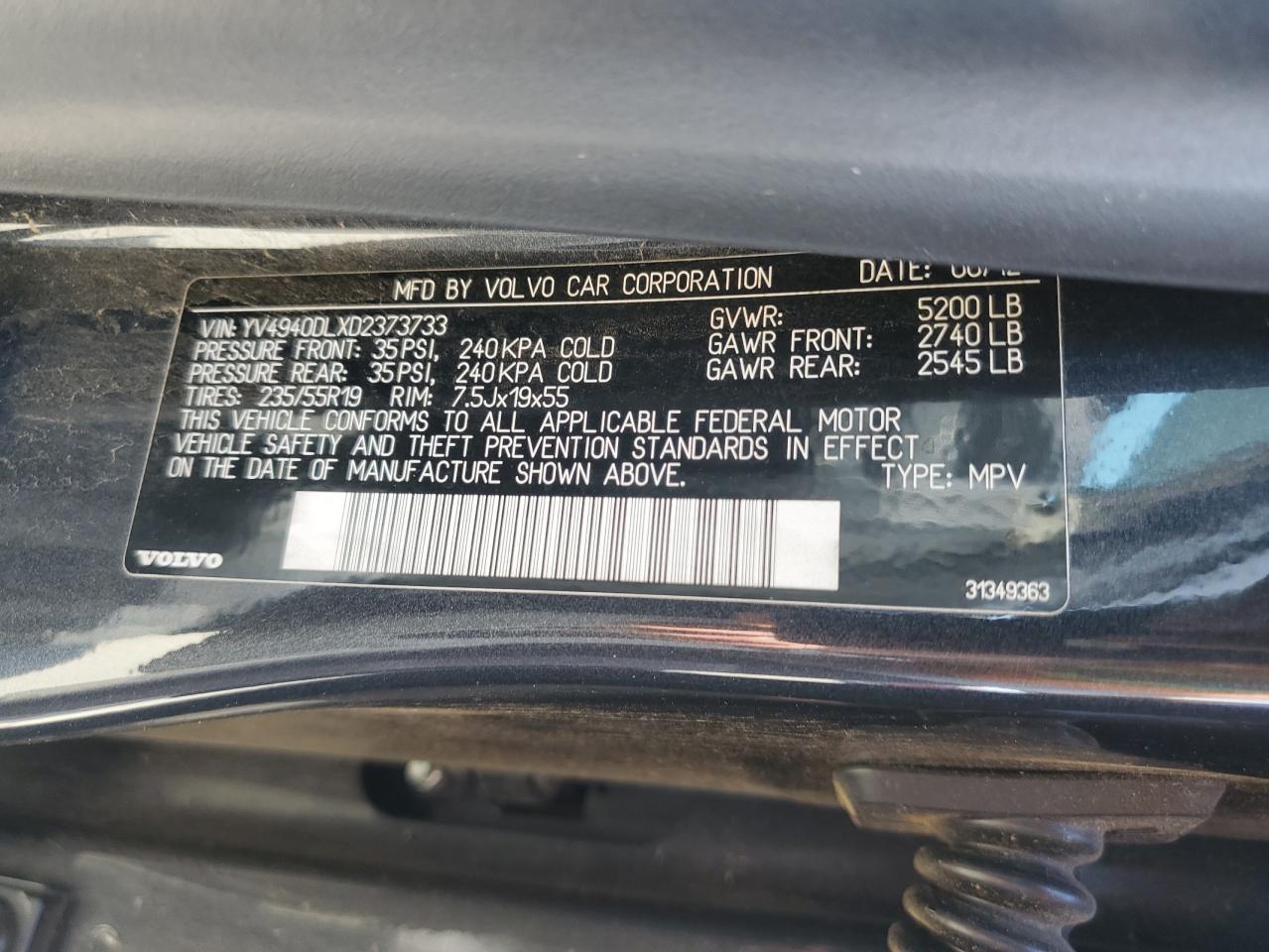 2013 Volvo Xc60 3.2 VIN: YV4940DLXD2373733 Lot: 85293975