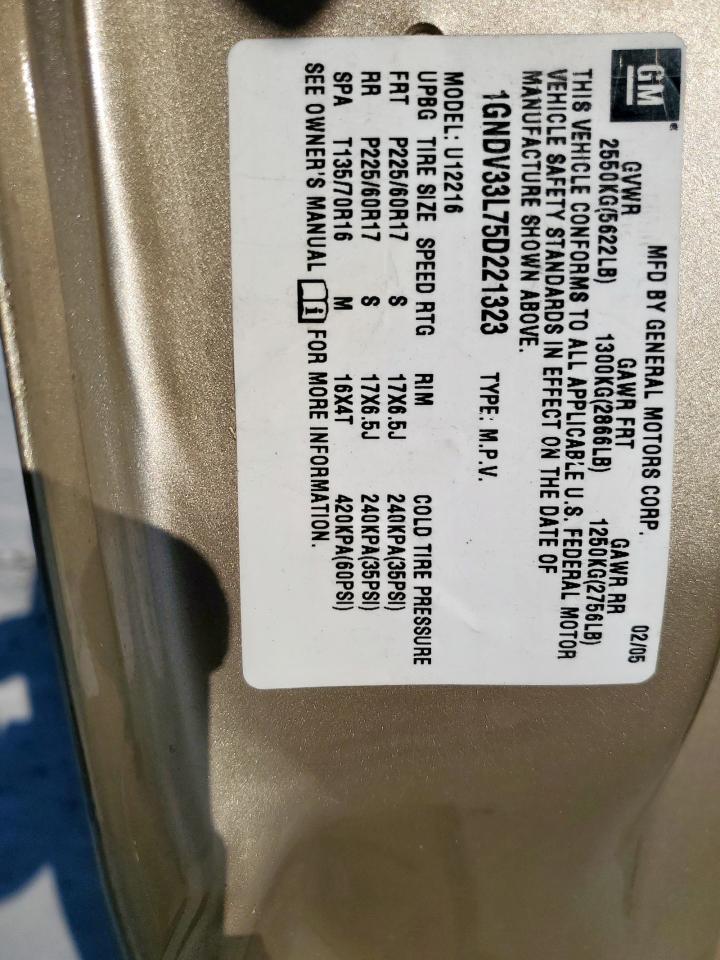 2005 Chevrolet Uplander Lt VIN: 1GNDV33L75D221323 Lot: 82463525