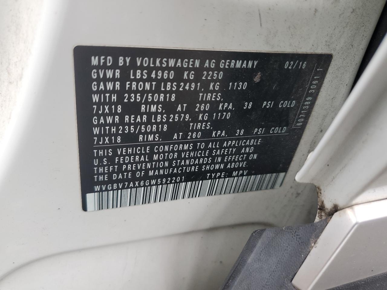2016 Volkswagen Tiguan S VIN: WVGBV7AX6GW592201 Lot: 85533975