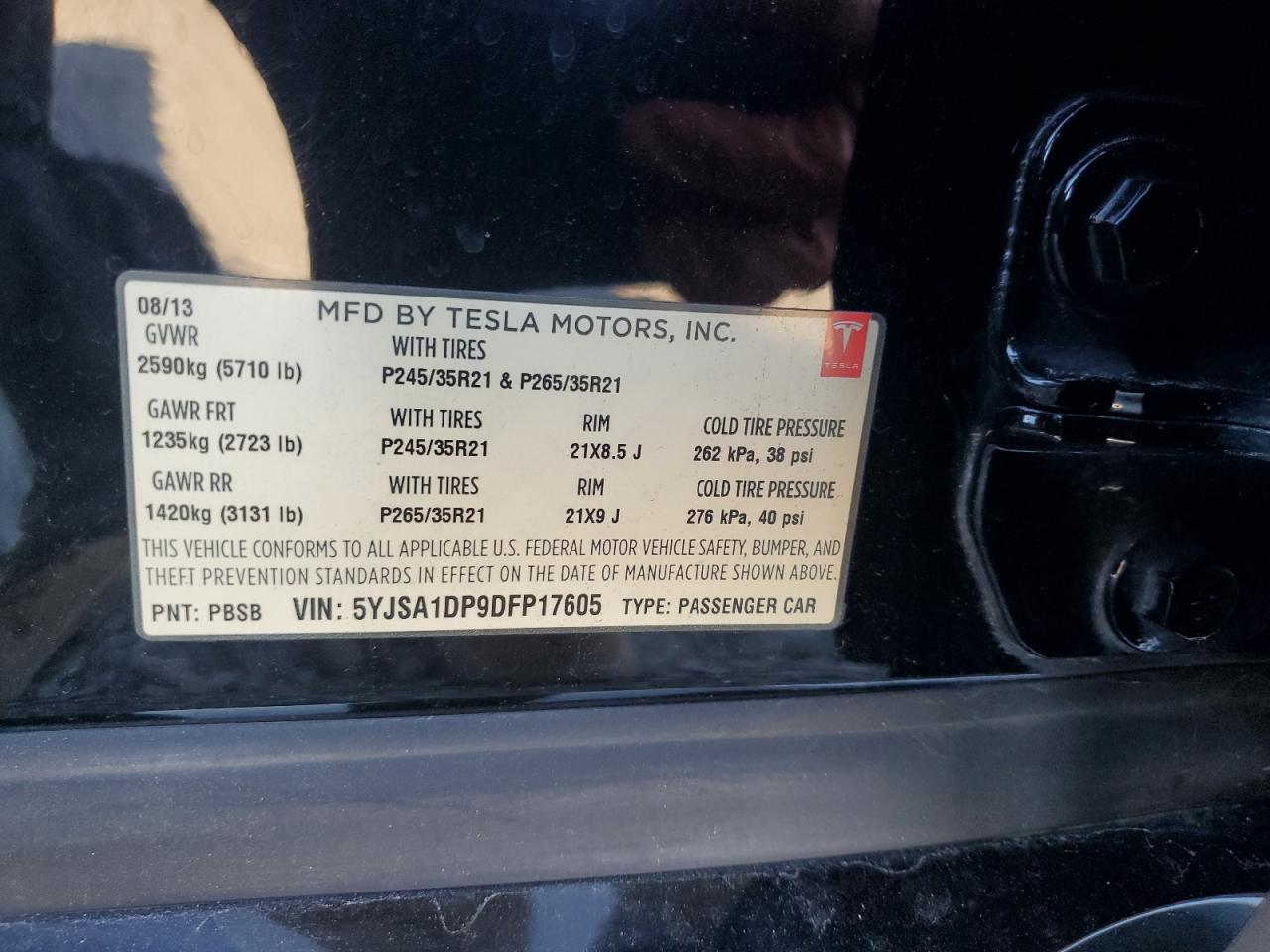 2013 Tesla Model S VIN: 5YJSA1DP9DFP17605 Lot: 82552435