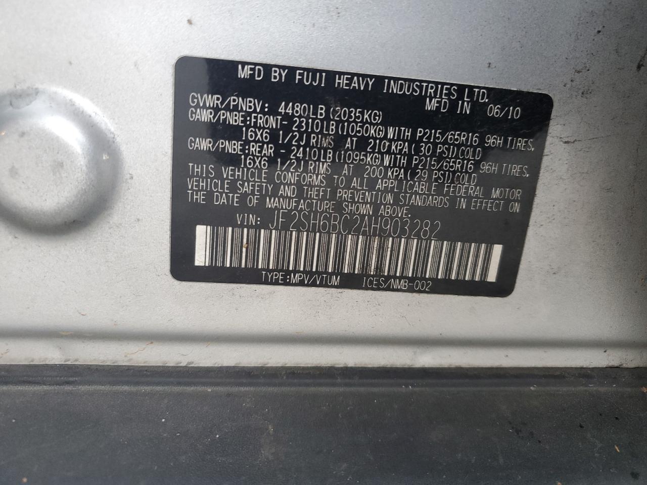 2010 Subaru Forester Xs VIN: JF2SH6BC2AH903282 Lot: 84581395