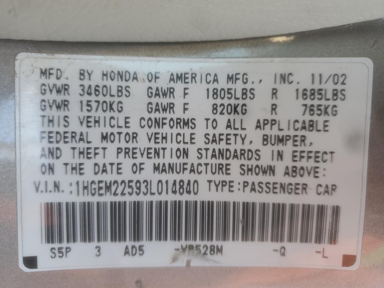 2003 Honda Civic Lx VIN: 1HGEM22593L014840 Lot: 82634345