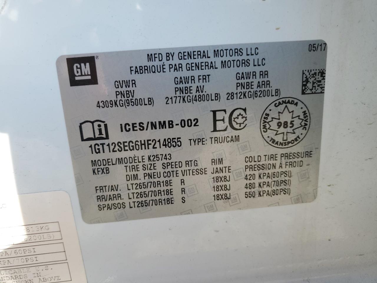 2017 GMC Sierra K2500 Sle VIN: 1GT12SEG6HF214855 Lot: 82769585