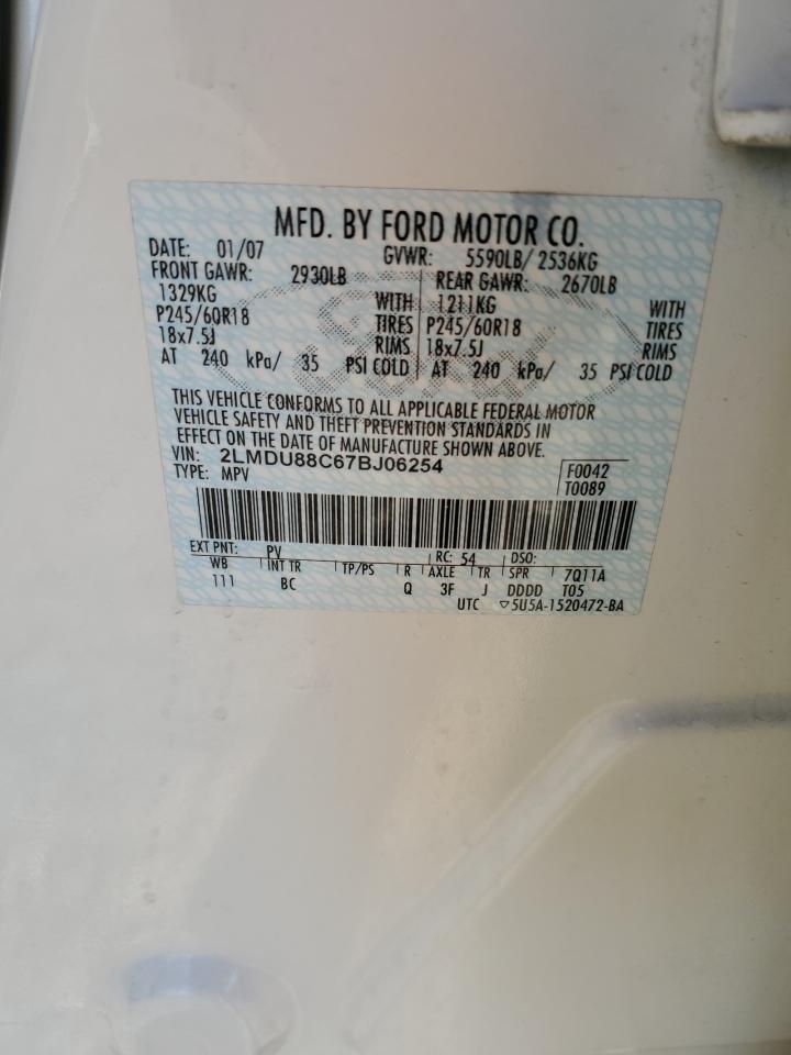 2007 Lincoln Mkx VIN: 2LMDU88C67BJ06254 Lot: 85720215