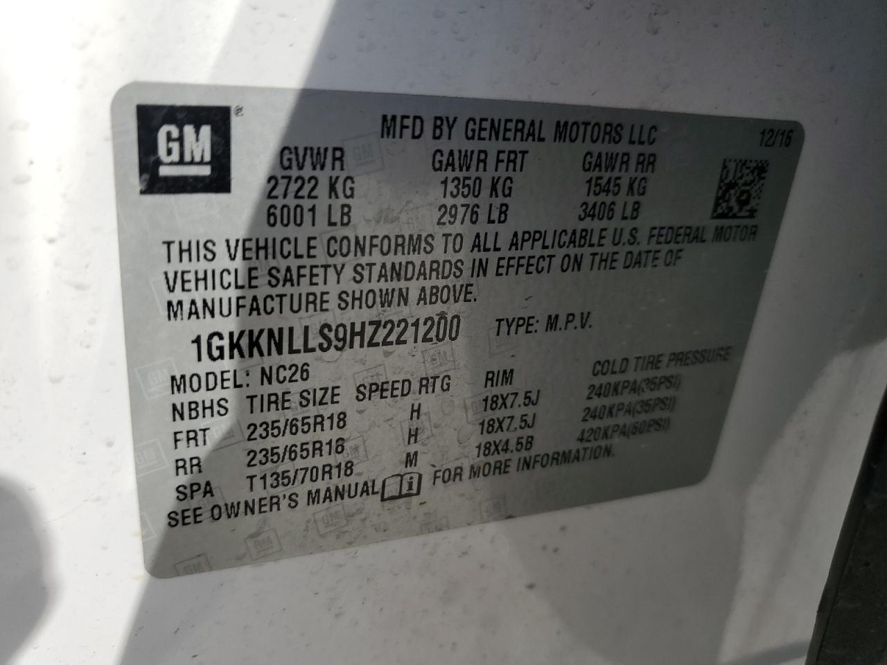 2017 GMC Acadia Sle VIN: 1GKKNLLS9HZ221200 Lot: 90145125