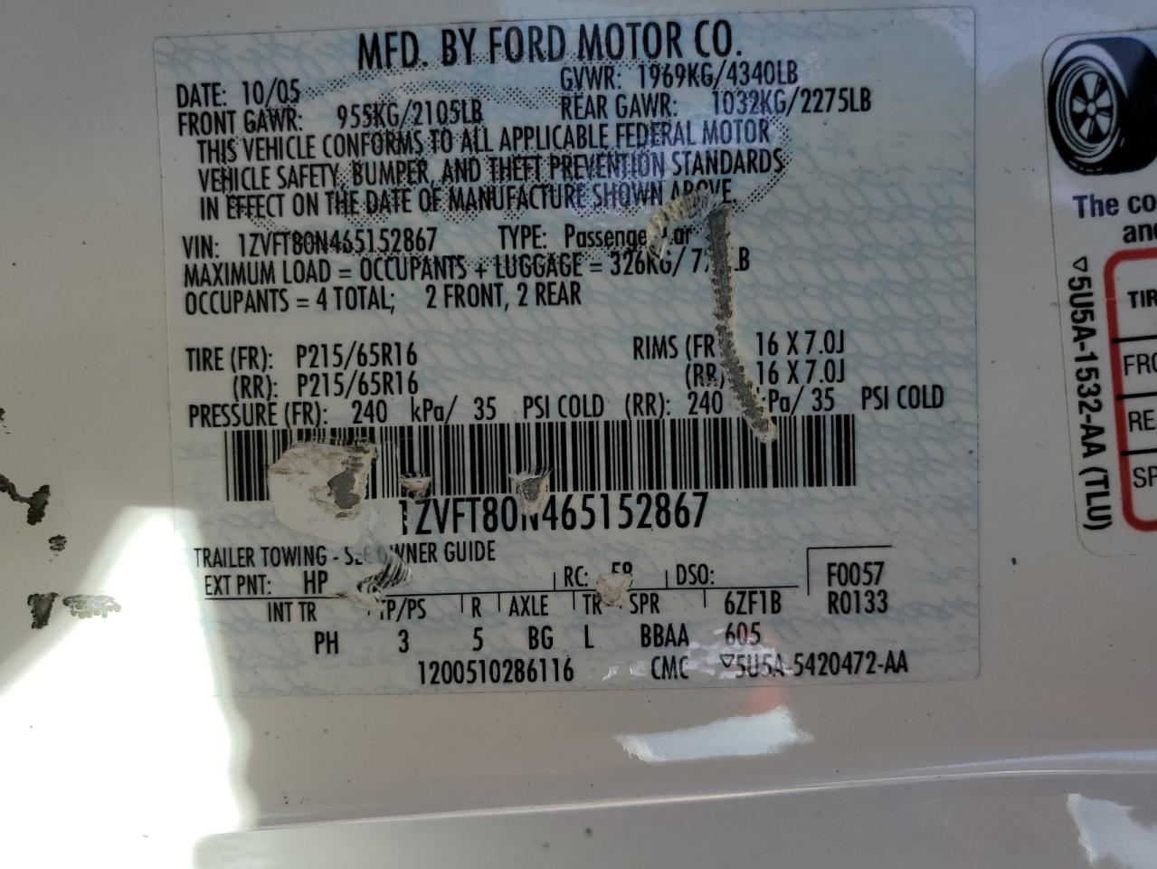 2006 Ford Mustang VIN: 1ZVFT80N465152867 Lot: 84778095