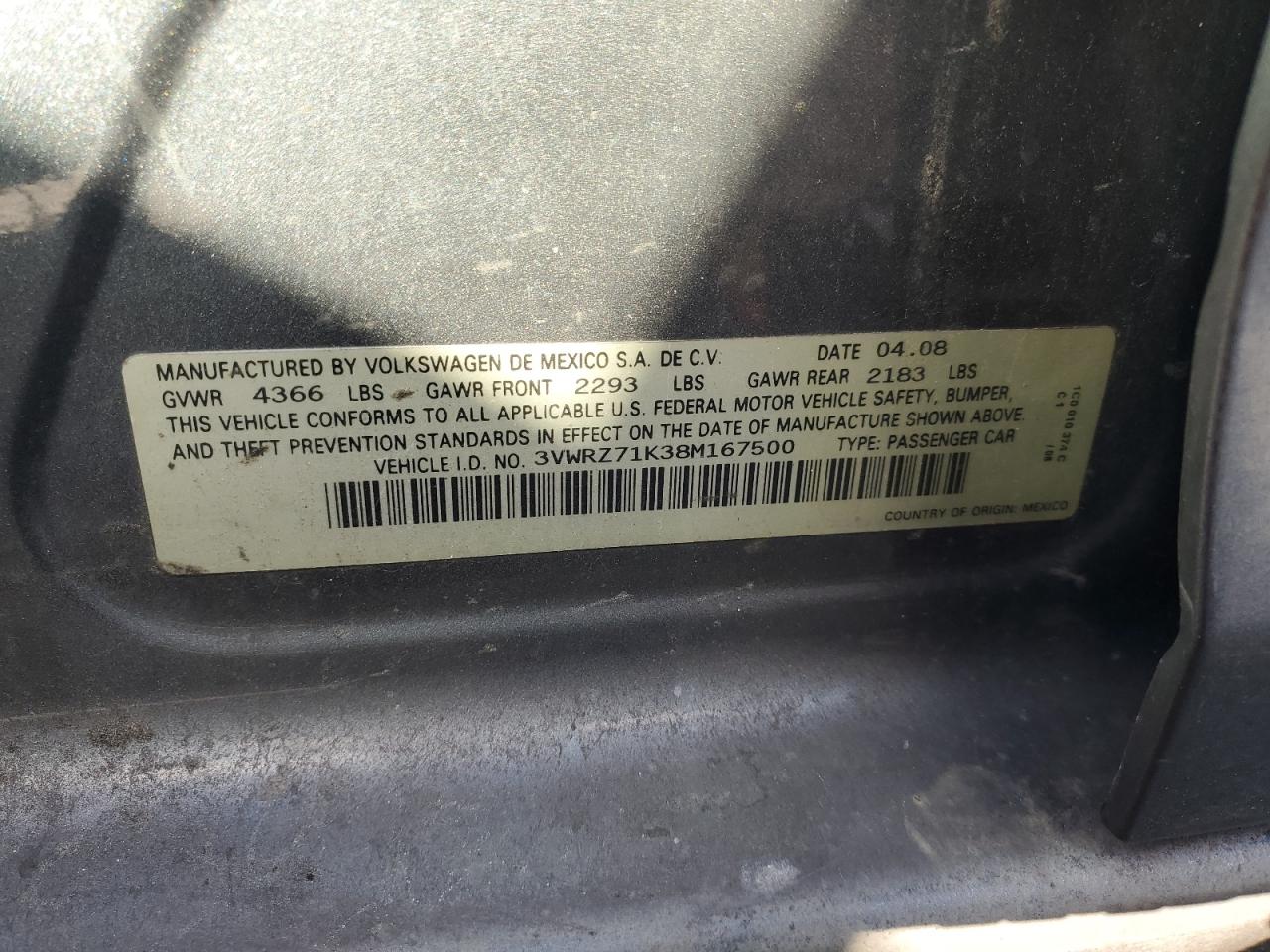2008 Volkswagen Jetta Se VIN: 3VWRZ71K38M167500 Lot: 81591055