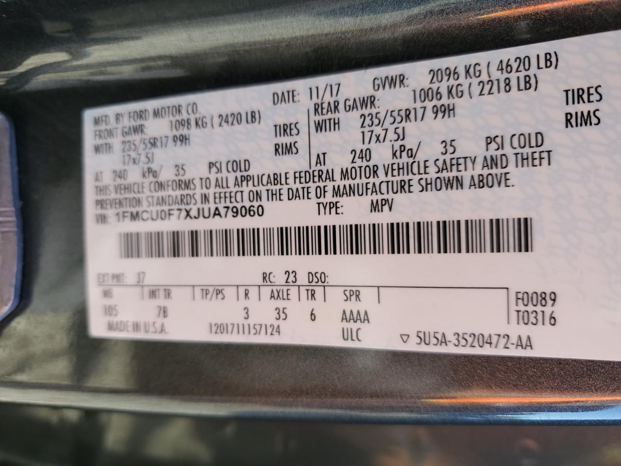 2018 Ford Escape S VIN: 1FMCU0F7XJUA79060 Lot: 82368085