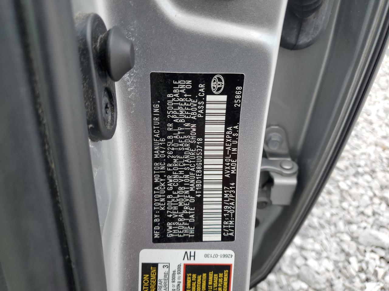 2016 Toyota Avalon Hybrid VIN: 4T1BD1EB8GU053718 Lot: 85181195