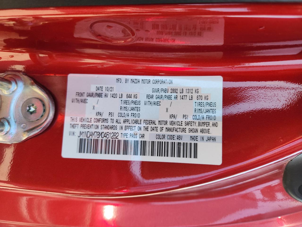 2021 Mazda Mx-5 Miata Grand Touring VIN: JM1NDAM78M0461282 Lot: 86246155