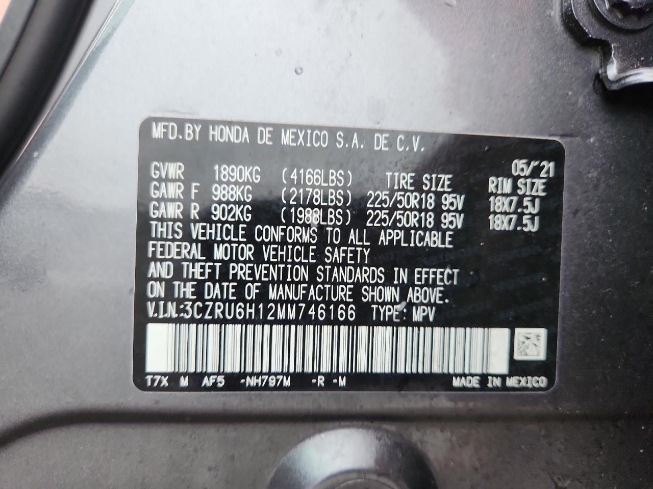 2021 Honda Hr-V Sport VIN: 3CZRU6H12MM746166 Lot: 86163255