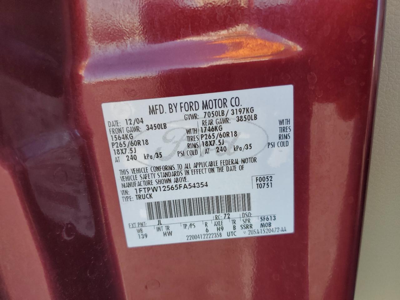 2005 Ford F150 Supercrew VIN: 1FTPW12565FA54354 Lot: 82781855