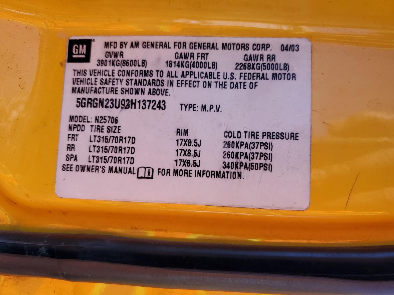 2003 Hummer H2 VIN: 5GRGN23U93H137243 Lot: 86102185