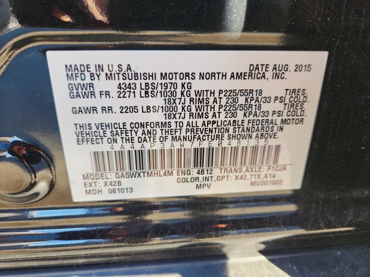 2015 Mitsubishi Outlander Sport Es VIN: 4A4AP3AW7FE048135 Lot: 86696985