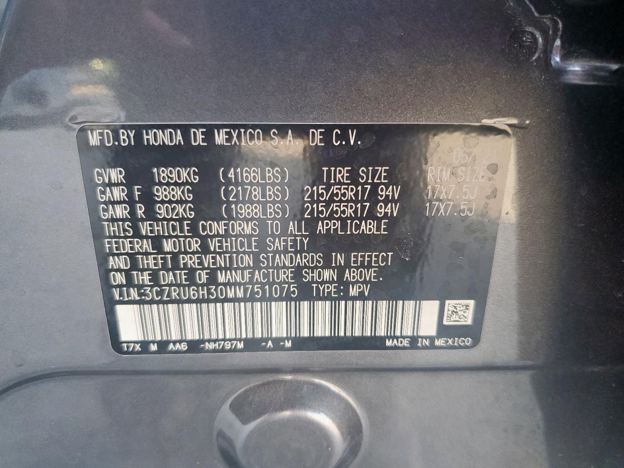 2021 Honda Hr-V Lx VIN: 3CZRU6H30MM751075 Lot: 84285475