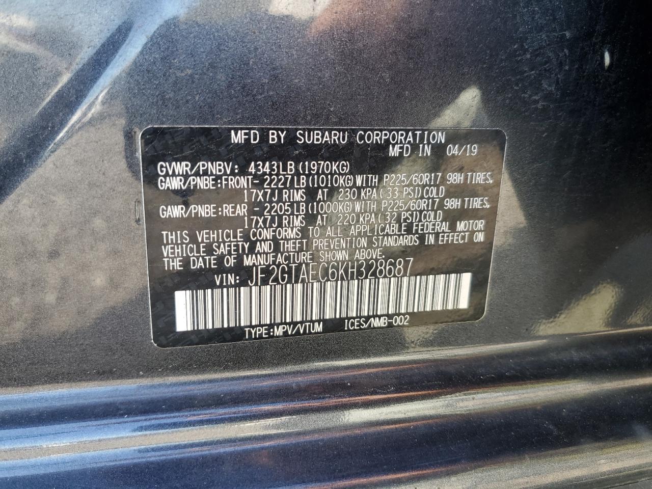 2019 Subaru Crosstrek Premium VIN: JF2GTAEC6KH328687 Lot: 85199875