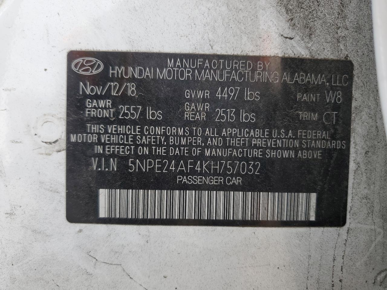 2019 Hyundai Sonata Se VIN: 5NPE24AF4KH757032 Lot: 82391505