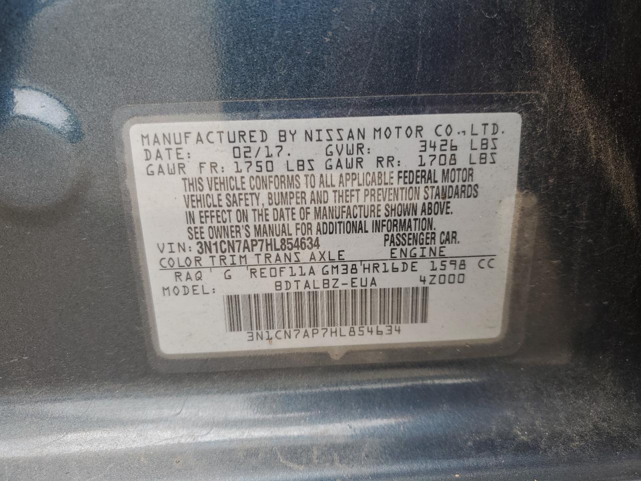 2017 Nissan Versa S VIN: 3N1CN7AP7HL854634 Lot: 85670855