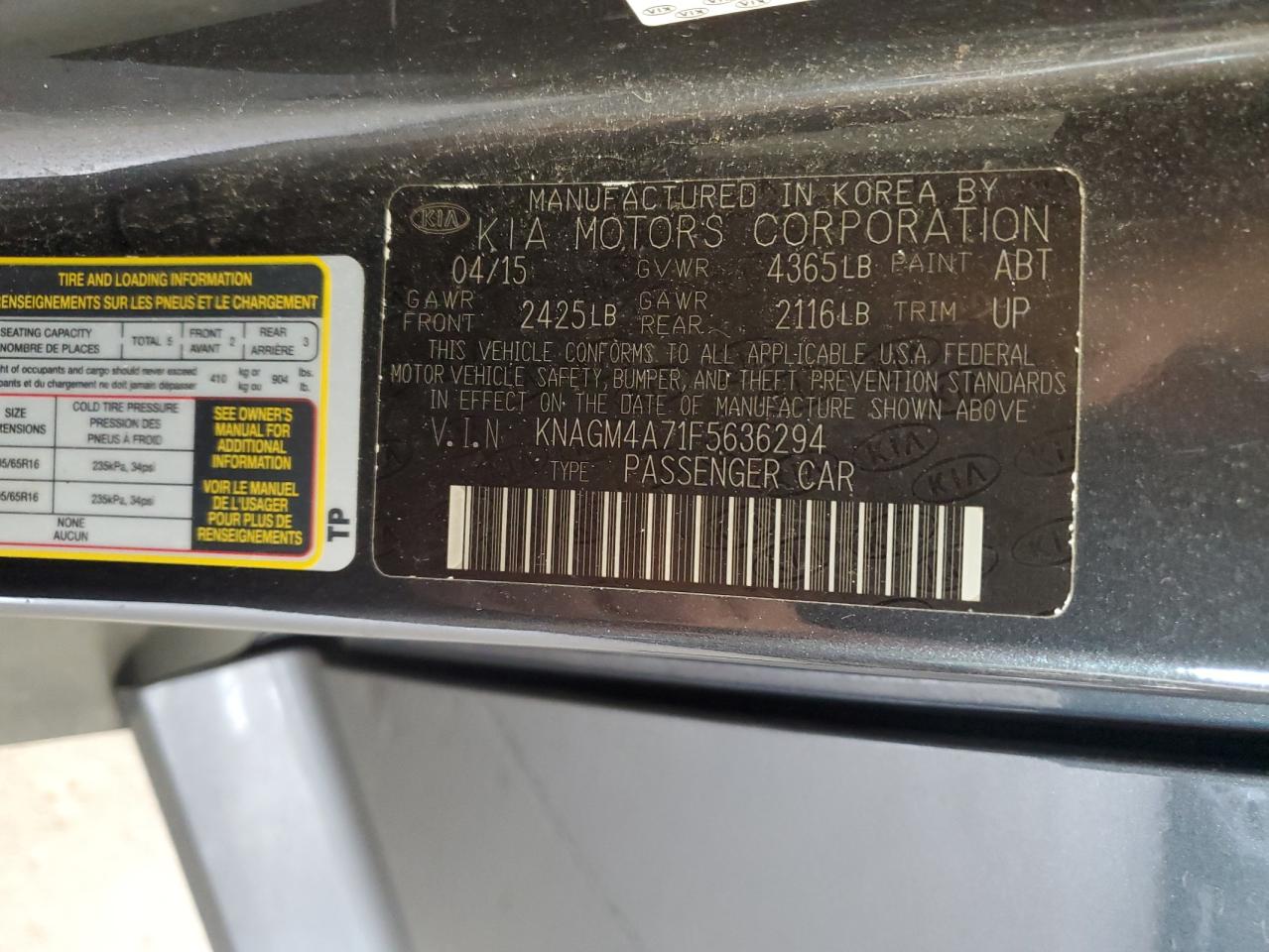 2015 Kia Optima Lx VIN: KNAGM4A71F5636294 Lot: 84574385