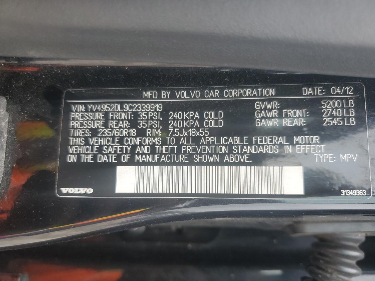 2012 Volvo Xc60 3.2 VIN: YV4952DL9C2339919 Lot: 85842485