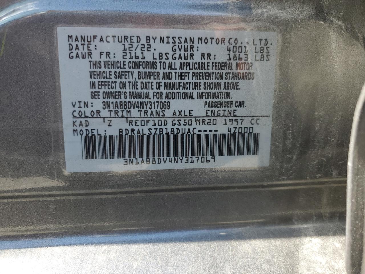 2022 Nissan Sentra Sr VIN: 3N1AB8DV4NY317069 Lot: 84659995