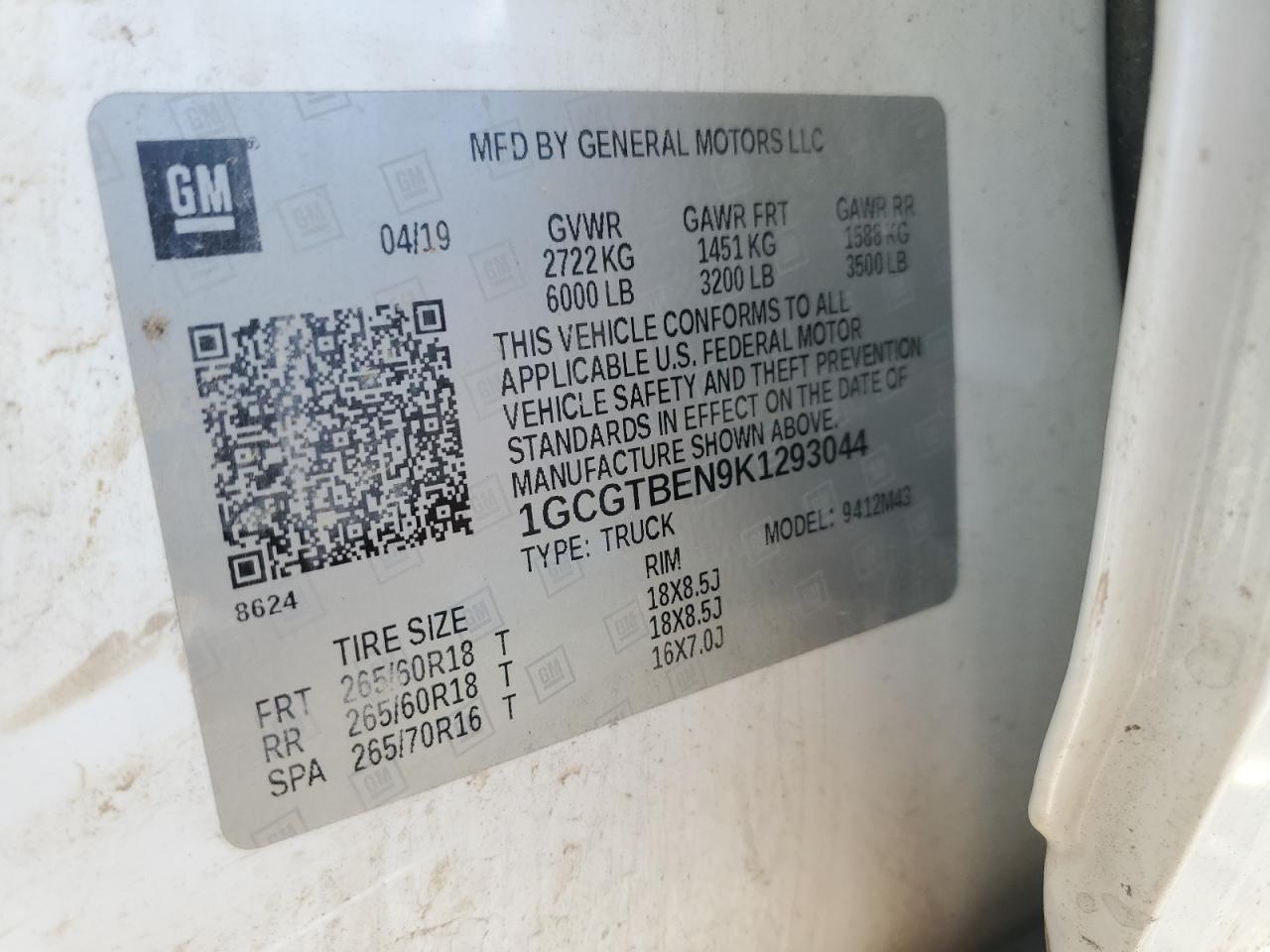 2019 Chevrolet Colorado VIN: 1GCGTBEN9K1293044 Lot: 85497585