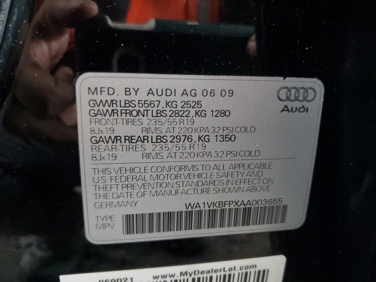 2010 Audi Q5 Prestige VIN: WA1VKBFPXAA003655 Lot: 90627145