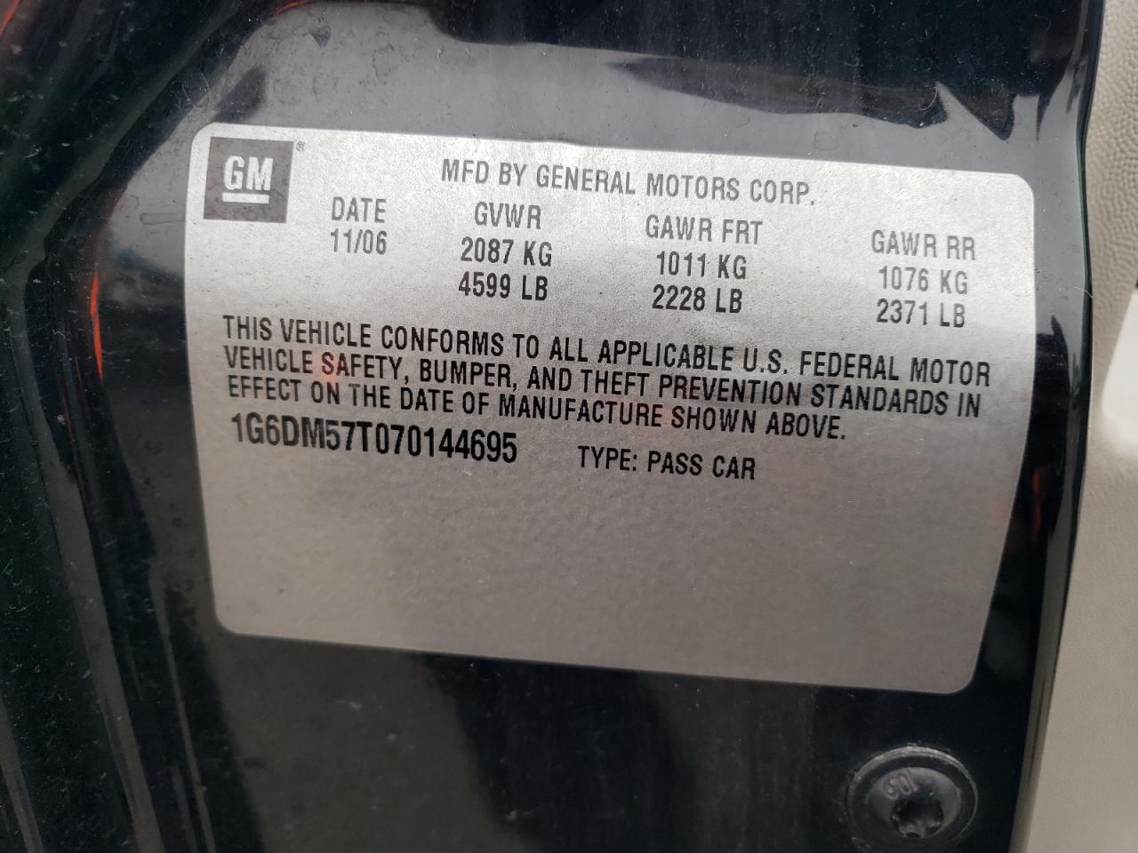 2007 Cadillac Cts VIN: 1G6DM57T070144695 Lot: 87285735