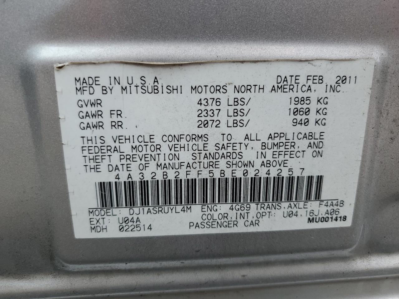 2011 Mitsubishi Galant Fe VIN: 4A32B2FF5BE024257 Lot: 85077615