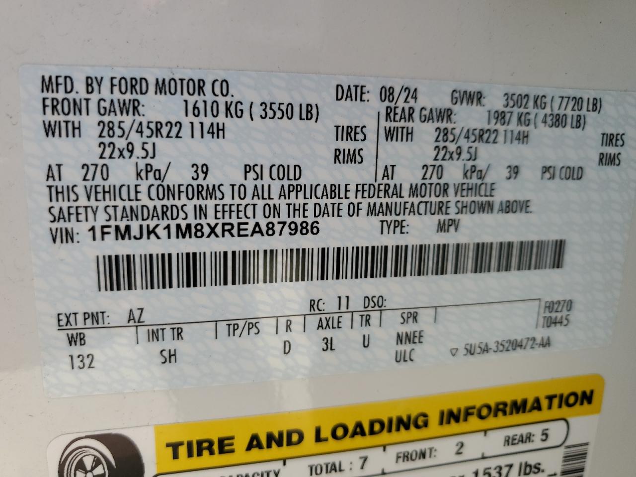 2024 Ford Expedition Max Platinum VIN: 1FMJK1M8XREA87986 Lot: 80701845