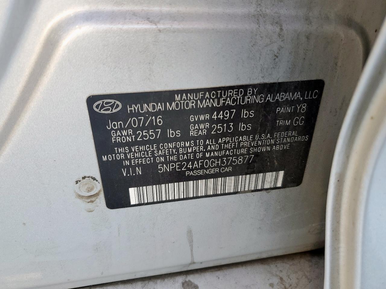 2016 Hyundai Sonata Se VIN: 5NPE24AF0GH375877 Lot: 84523095