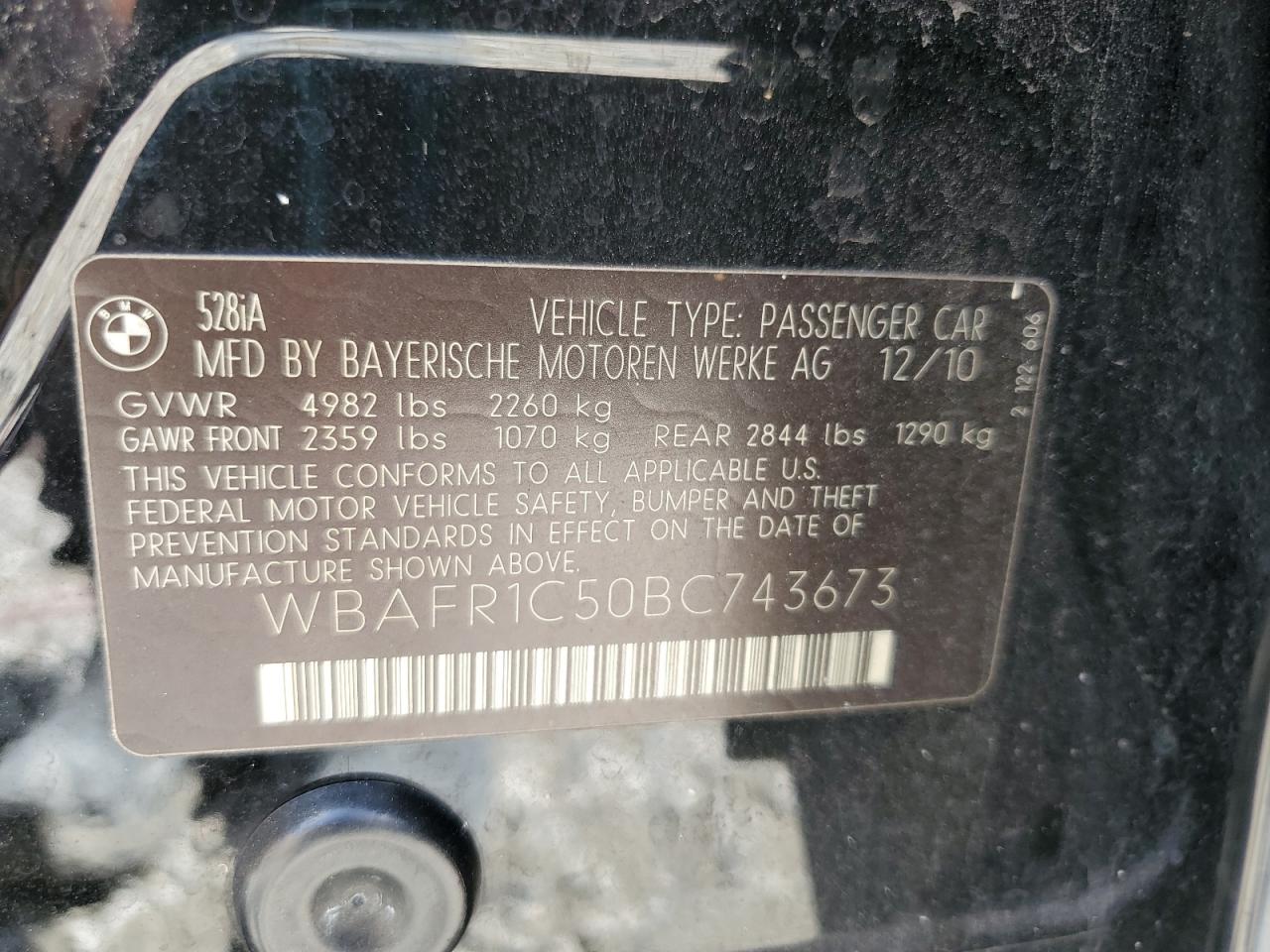 2011 BMW 528 I VIN: WBAFR1C50BC743673 Lot: 85882275