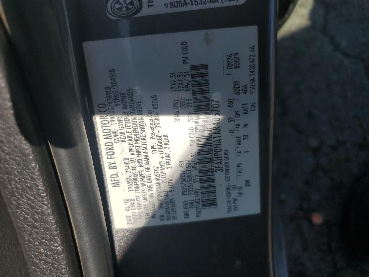 2010 Ford Fusion Se VIN: 3FAHP0HA1AR405707 Lot: 86147865