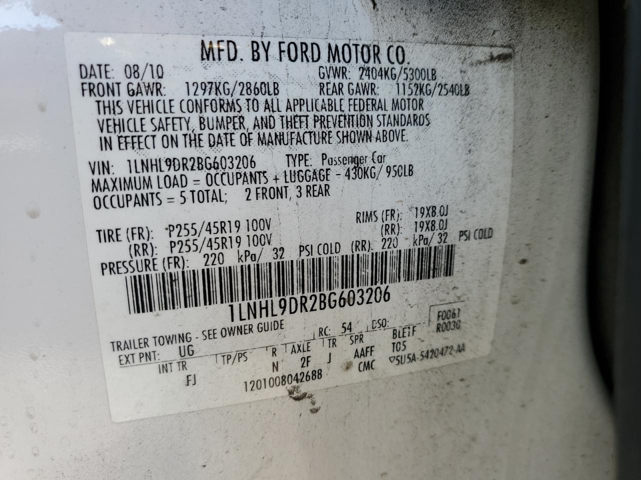 2011 Lincoln Mks VIN: 1LNHL9DR2BG603206 Lot: 90632885